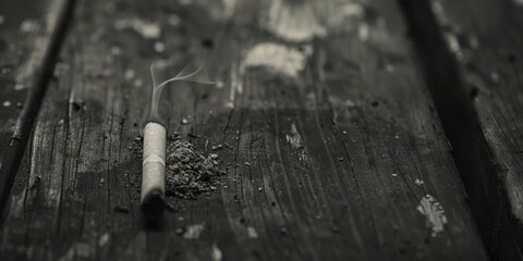 A single cigarette sits on top of a wooden table, ready for use