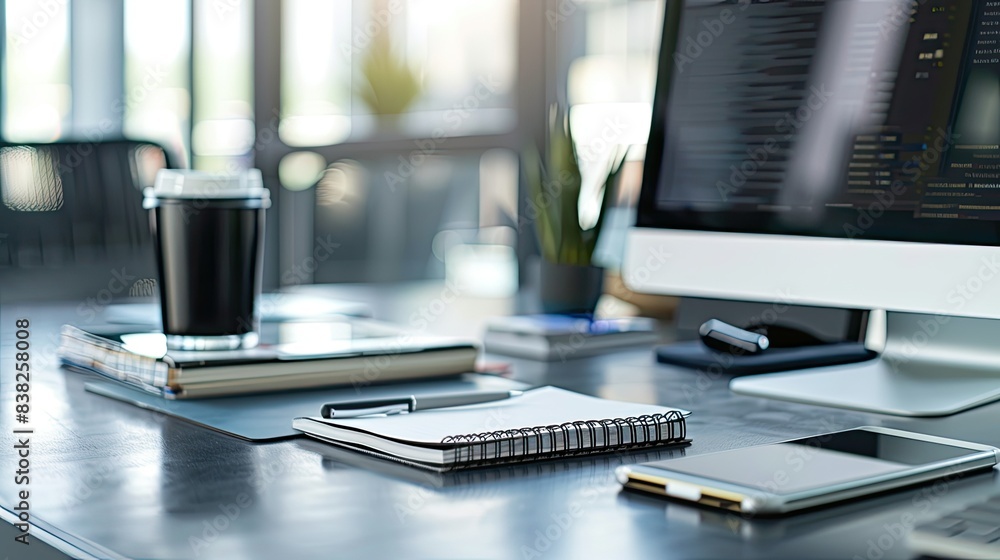 Aufkleber professional desk setup with a computer, phone, notebook, and pen, ready for efficient work tasks