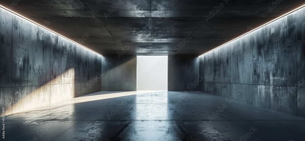 Poster an abstract rendering of a futuristic concrete grunge reflective dark corridor with a spaceship and 