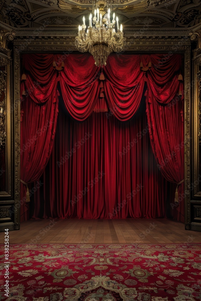 Aufkleber a stage scene with red curtains and a chandelier, suitable for theater or performance related uses