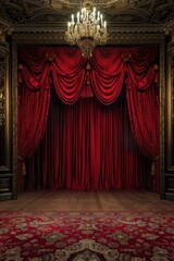 A stage scene with red curtains and a chandelier, suitable for theater or performance related uses