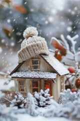 Naklejka premium A small wooden house with a knitted hat on top, perfect for use in illustrations or design projects