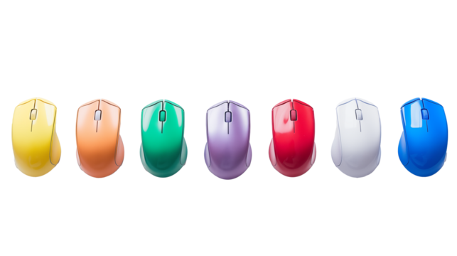 Colorful Computer Mice in a Row - Modern Technology - isolated on transparent background