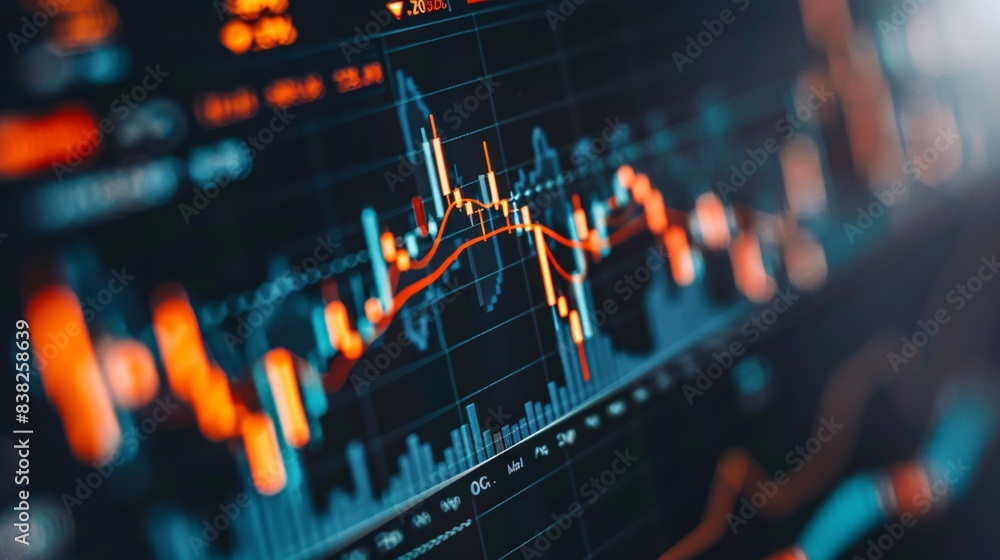 Poster a close-up of a stock market index chart with detailed financial data and analysis