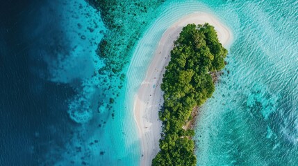 Scenic aerial photo of a beautiful island in a vast ocean, featuring white sandy beaches and crystal-clear water