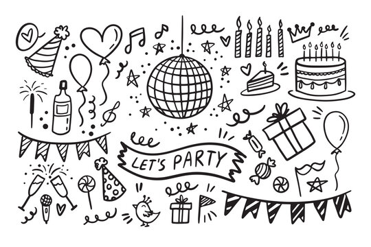 Doodle party elements Hand drawn set. Sketch icons for invitation, flyer, poster