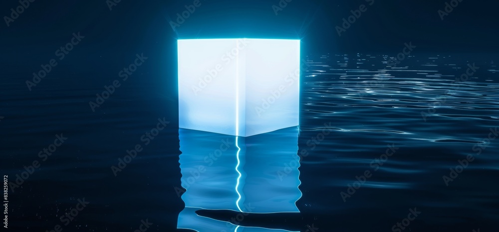 Poster dark glowing sci fi grunge concrete reflective room with rotated cube shape glowing with white ice r