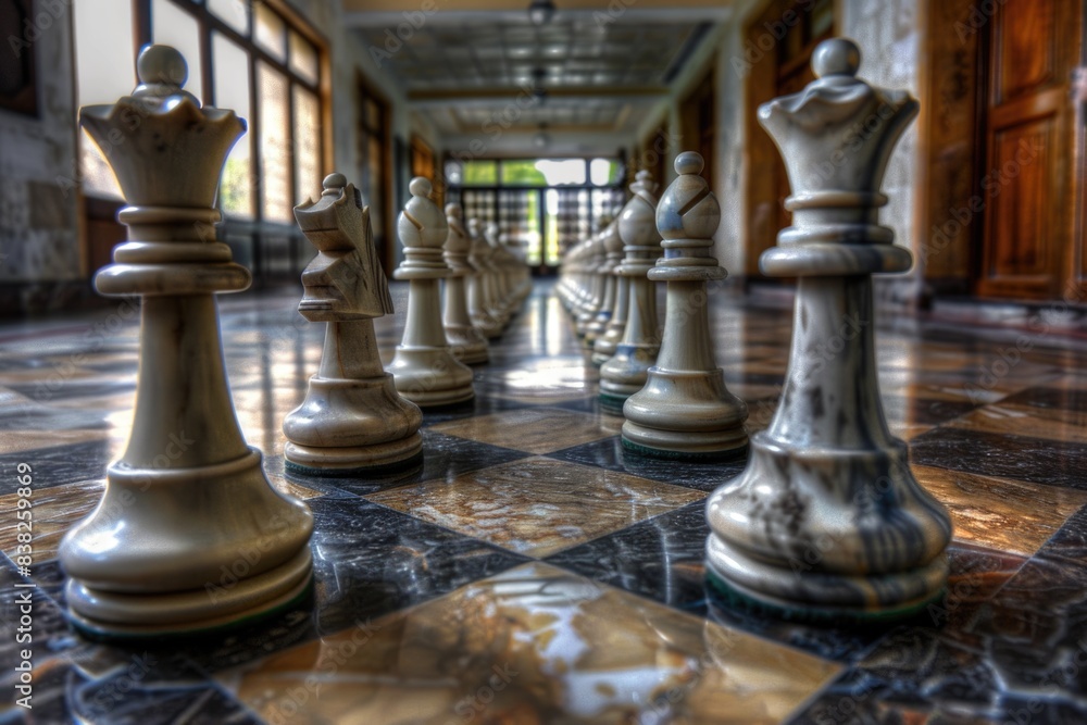 Poster a group of chess pieces sit on a checkered floor, ready for a game