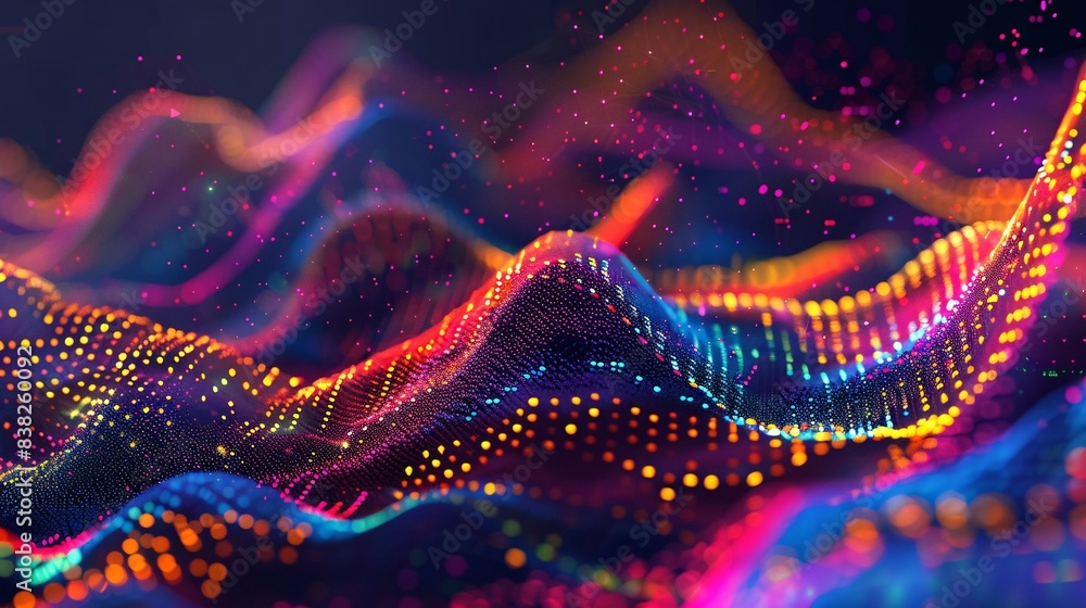 Poster a digital illustration of stock market trends using colorful waves and data points