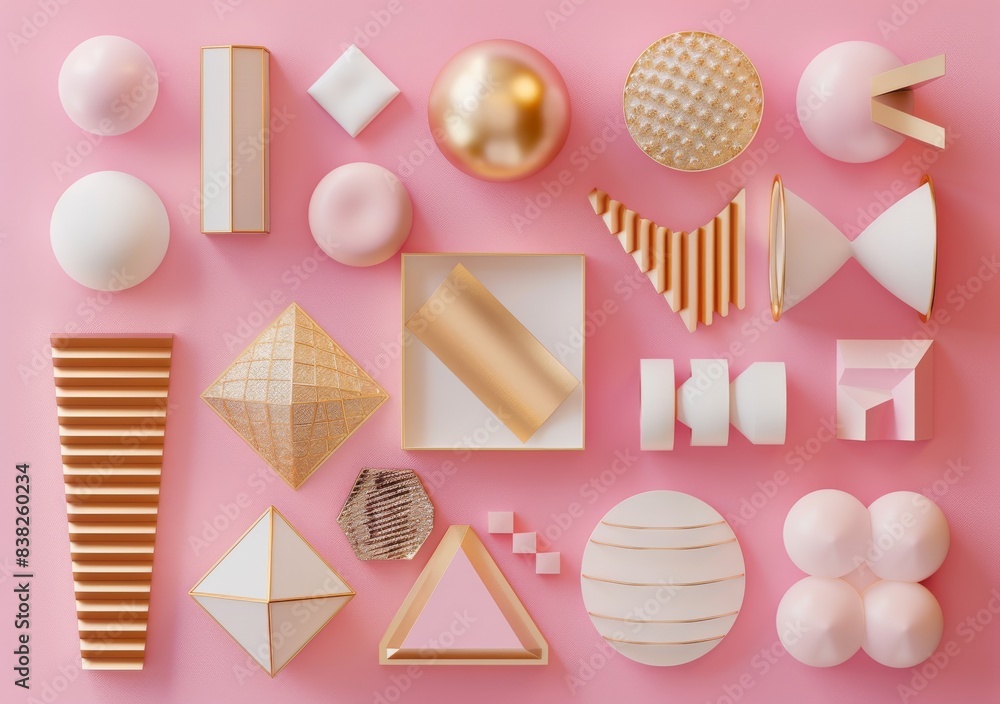 Poster set of 3d render realistic primitives on pink background. isolated elements in metallic gold and whi