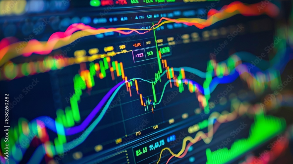 Poster a close-up of a stock market trading platform on a computer screen, showing real-time data