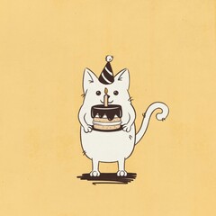 Cute cat in party hat holds a cake with a candle illustration. Birthday postcard