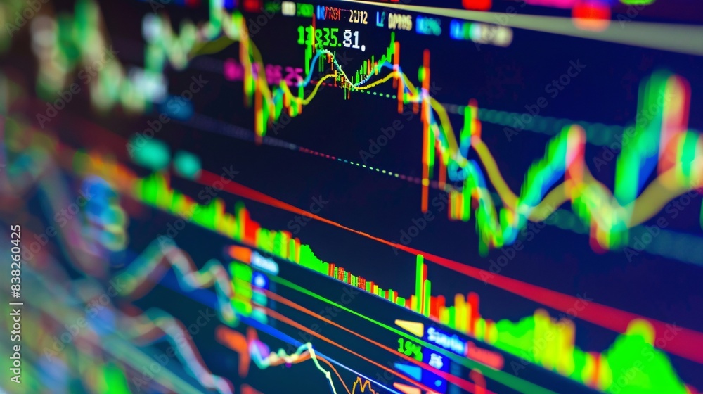 Poster a close-up of a stock market trading platform on a computer screen, showing real-time data