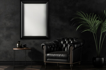 Picture frame mockup in dark tones with leather black armchair and decoration minimal