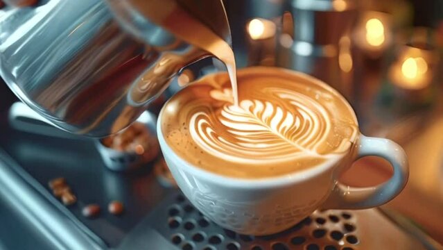 Barista pouring latte art into a cup of coffee, creating a heart shaped design in a cozy cafe setting loop