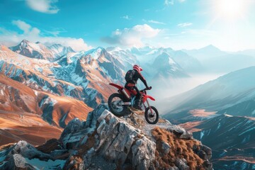 Fototapeta premium Person riding a dirt bike on a mountain trail, with scenic views and possibly some obstacles