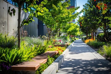 Fototapeta premium Sidewalk lined with thriving plants and trees in a sustainable urban setting, promoting eco-friendly living