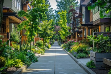 Obraz premium Sidewalk lined with thriving plants and trees in a sustainable urban setting, promoting eco-friendly living