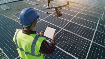 A person wearing a hard hat and holding a tablet stands next to a solar panel for inspection
