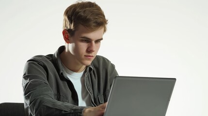 focused young man working on laptop in modern office setting isolated on white