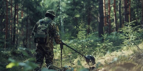 Fototapeta premium A person walking a dog through a forest, great for outdoor or nature-themed images