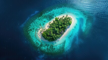 Top-down view of a serene island surrounded by deep blue sea, highlighting its natural beauty and pristine beaches