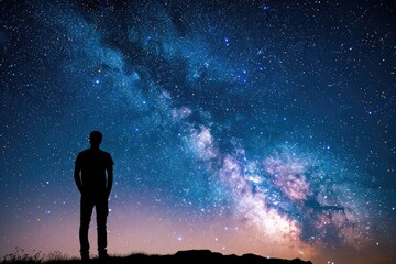  Silhouette of a man standing at night and looking at starry sky