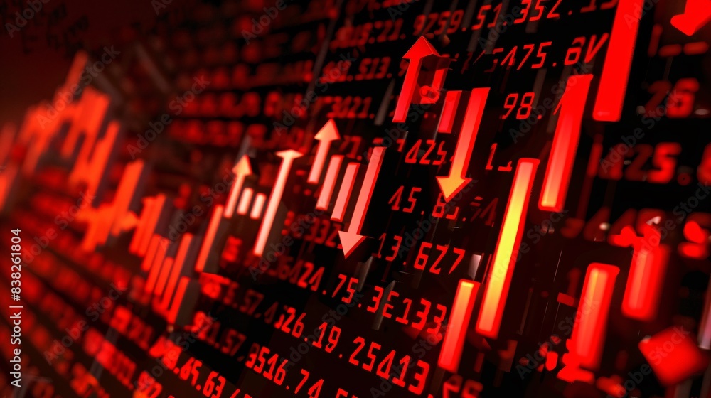 Poster a digital illustration of a declining stock market index with arrows pointing downwards