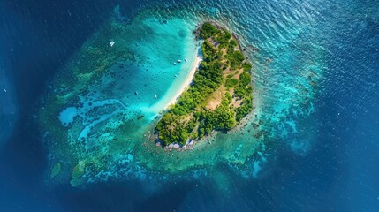 Top-down view of an idyllic island amidst blue sea, highlighting its natural beauty and pristine beaches