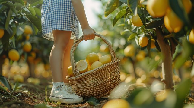 Happy girl in white shoes and blue checkered shorts picking lemons from a basket on her waist in a lemon orchard. Closeup of hands holding the fruit, capturing the cheerful mood and vibrant environmen