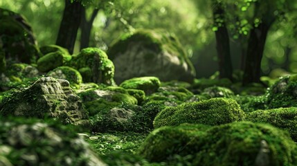 Obraz premium Tranquil forest backdrop with moss-covered stones, showcasing the serene beauty of natural elements