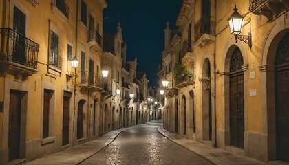 Obraz premium Night scene of a cobblestone street flanked by buildings