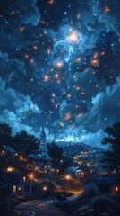 A magical night sky illuminated by a myriad of glowing stars above a tranquil village, radiating peace and serenity under the celestial beauty.
