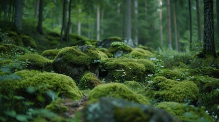 Obraz premium Tranquil forest backdrop with moss-covered stones, showcasing the serene beauty of natural elements