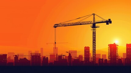 Silhouette of modern office building construction tower crane on high ground heavy industry against sunset orange background