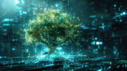 Tree with illuminated branches and digital elements, set in a futuristic graphic environment, representing the blend of natural and technological elements