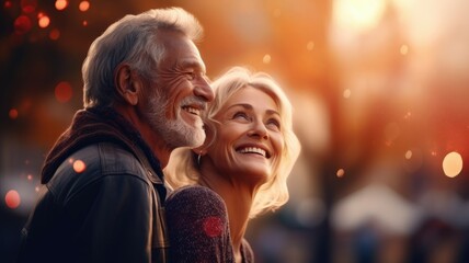Obraz premium Joyful Senior Couple Enjoying a Beautiful Sunset Outdoors with Warm Light and Bokeh Effects