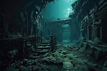 Obraz premium A beautiful and eerie underwater scene of a forgotten city.