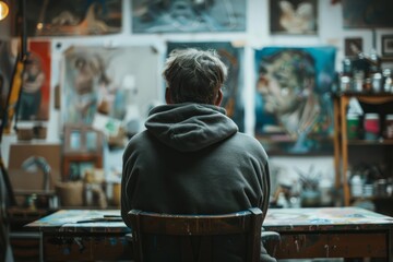 A poor artist sitting and imagining the art he is about to create
