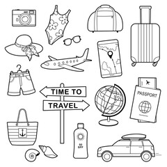 Set of  travel elements on a white background.  Set includes globe, passport, air ticket, plane, suitcase, car, clothes. Outline illustration, design elements or page of children's coloring book