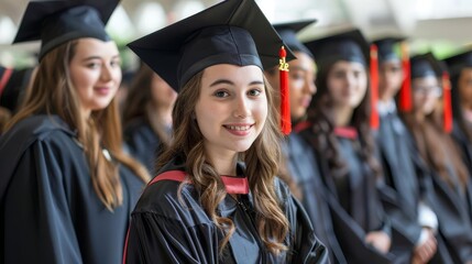 A young female graduate standing proudly with fellow university graduates