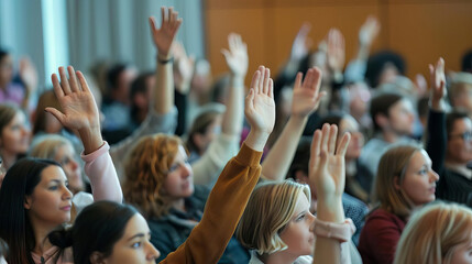 Active, diverse audience raising hands to ask questions during an engaging talk or master class