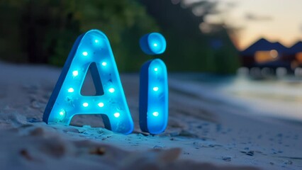  ai text on tropical beach with turquoise water and white sand, vacation, artificial intelligence and travel-themed science video background, tourism and tech business.
