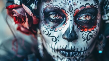 Artistic Halloween makeup and face paint, featuring intricate designs like sugar skulls, ghouls, and mythical creatures, showcasing creativity and detail