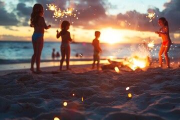 Beach party for Independence Day, complete with a bonfire, people in swimsuits, red, white, and blue decorations, and children playing with sparklers as the sun sets