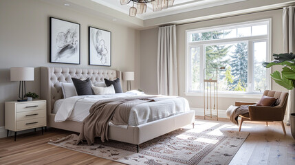 Fototapeta premium Beautiful bedroom with ergonomic furniture and ample natural light