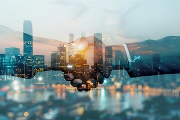 Obraz premium Double exposure of handshake in city, international partnership