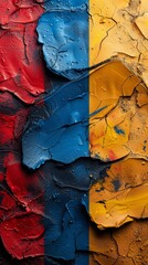Close-up of colorful textured abstract painting with red, blue, and yellow sections, showing vibrant and vivid artistry.