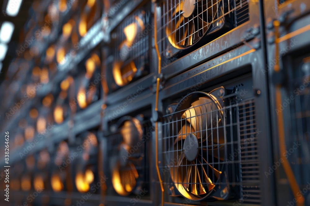 Poster illustration in 3d. rendering. dark bitcoin mining farm in 3d.