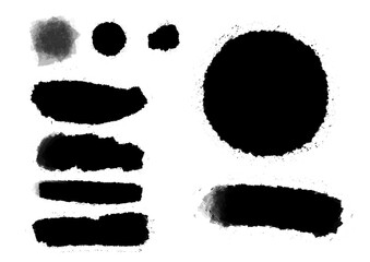 PNG. Conjunto de siluetas negras con fondo transparente, manchas de tinta china en forma de c&iacute;rculos y franjas para dise&ntilde;o, web, banner y redes sociales. Ilustraci&oacute;n de la colecci&oacute;n blanco y negro.	